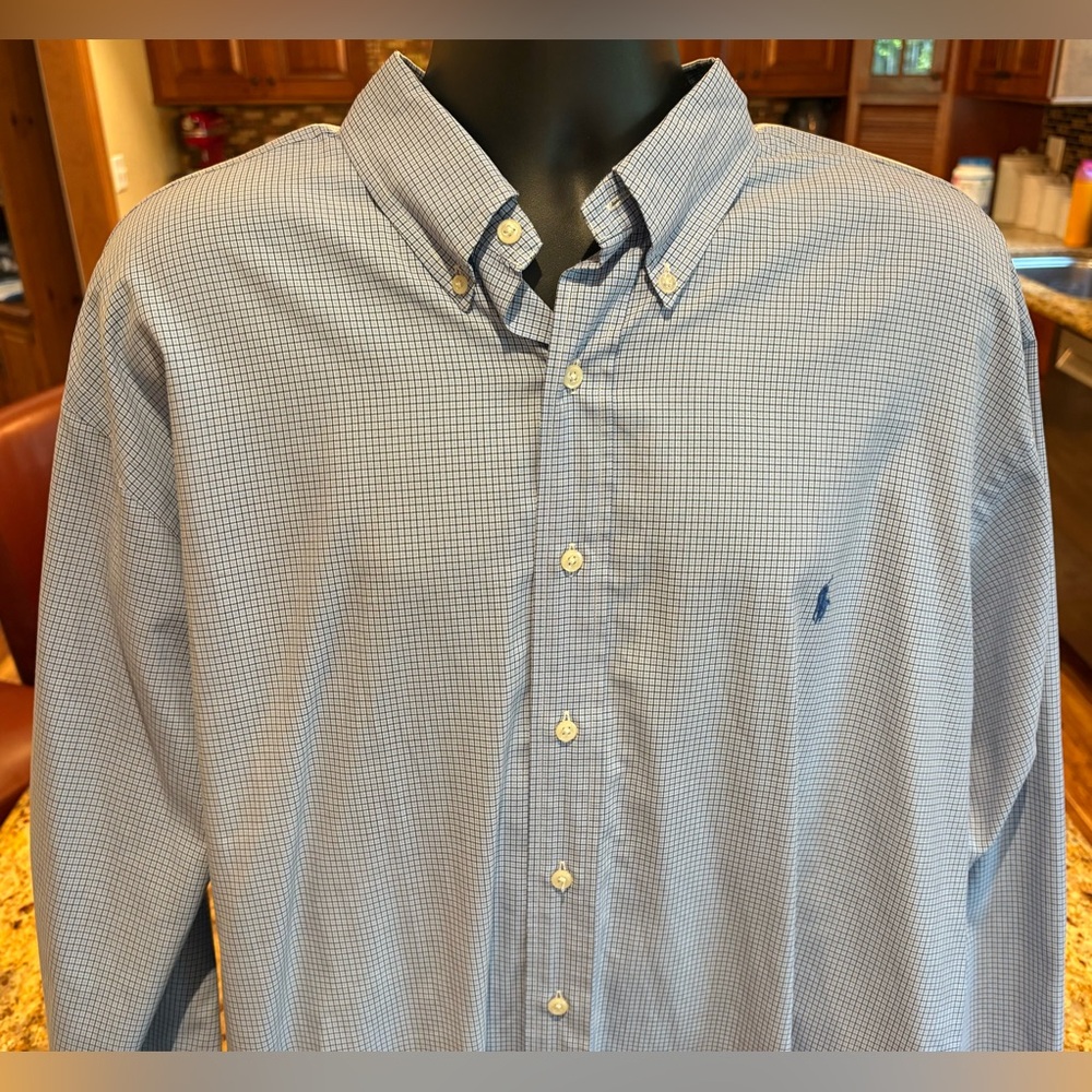 Ralph Lauren men’s button front shirt. Sharp light blue plaid with classic logo.